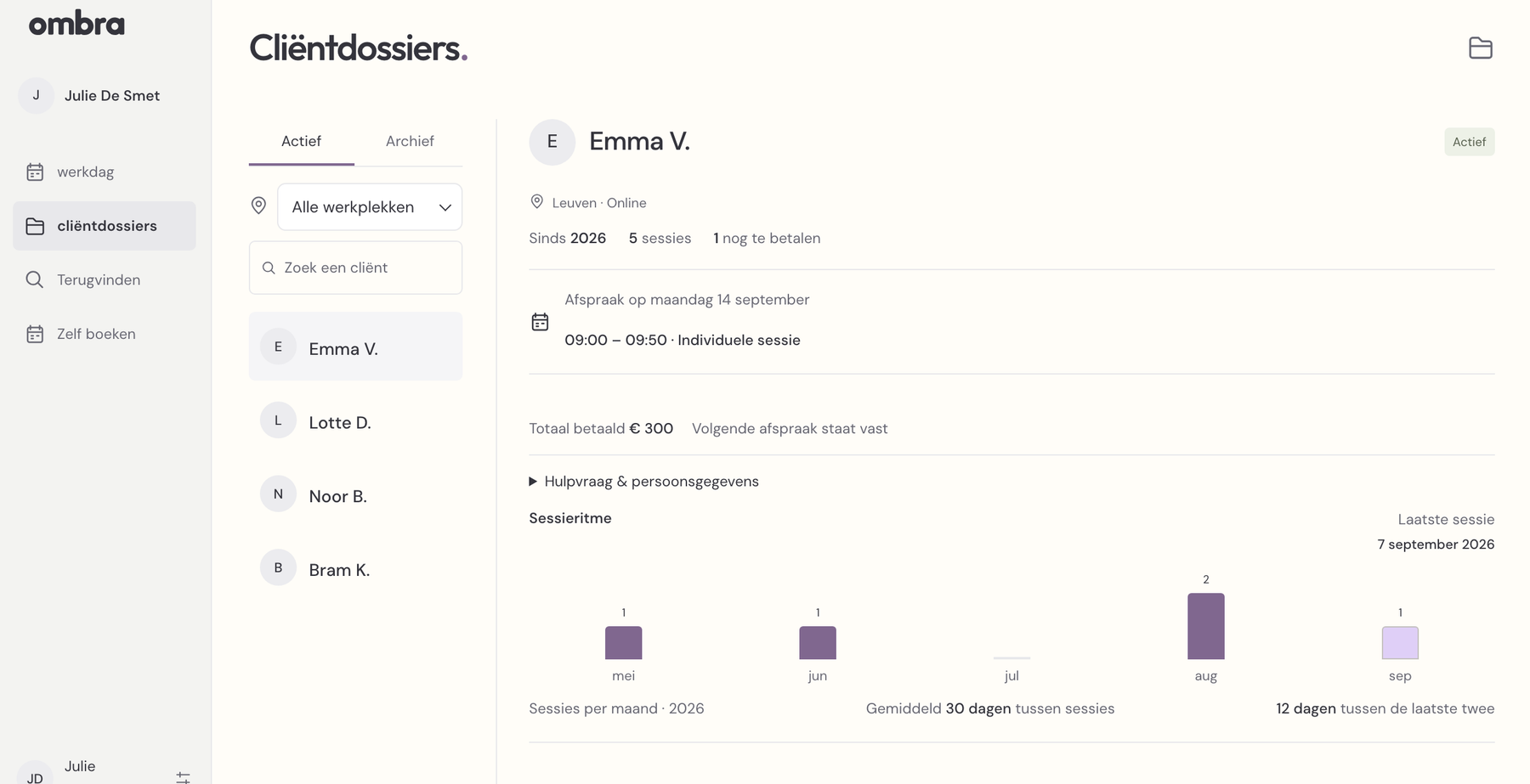 Software & SaaS: ombra's client records screen, with fictional sample data